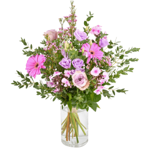 Myrtille : bouquet parme de roses, germinis et lisianthus