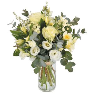 Paradis blanc : bouquet rond de fleurs variées tons blanc