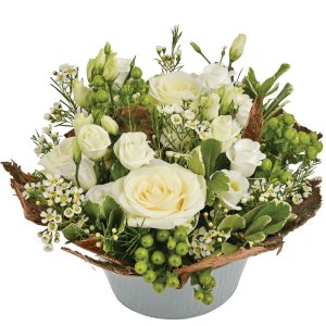 Cocon : assemblage de fleurs piquées tons vert et blanc