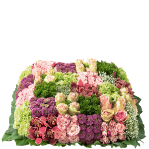 Damier : coussin funéraire tons vert, rose, mauve, prune