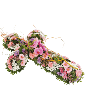 Commémoration : croix funéraire rose, parme et blanche