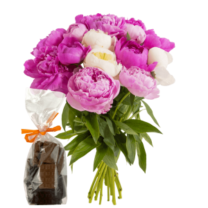 Brassée de pivoines et ses mini tablettes de chocolat - Livraison Interflora en 24H